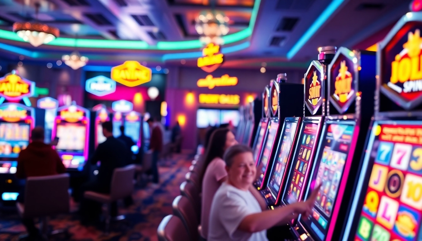 Win free spins on exciting slot machines with vibrant lights and energetic players surrounding them.