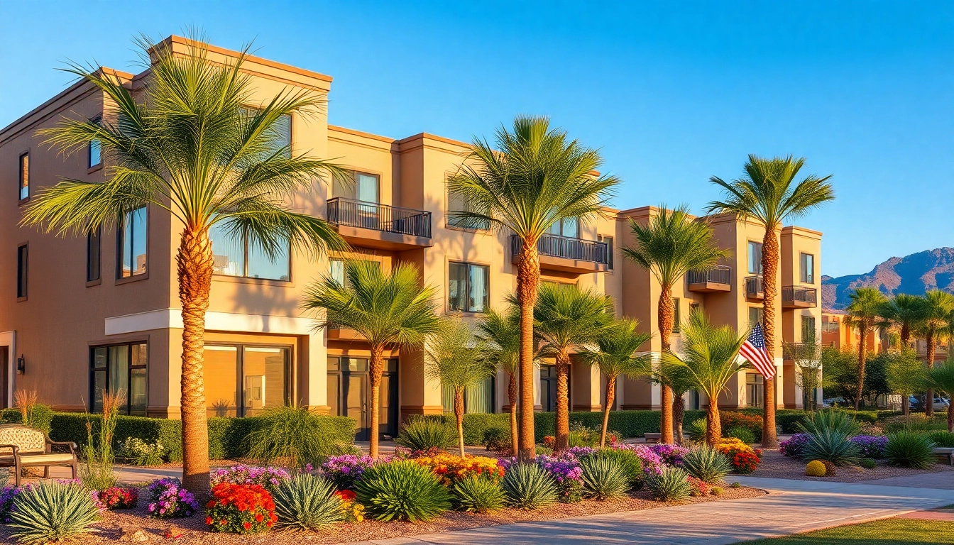 View of glendale az apartments with vibrant landscaping and modern architecture.