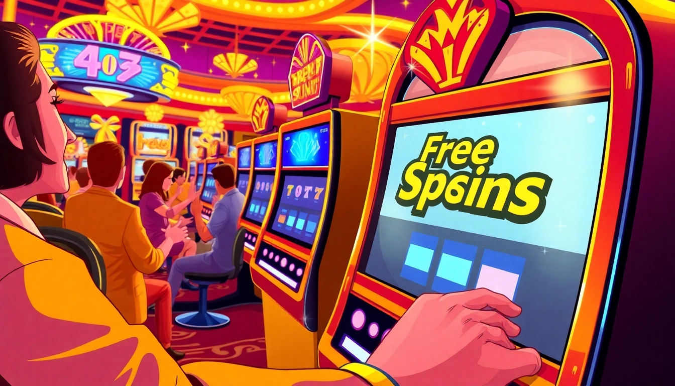 Excited players enjoy free spins on colorful slot machines, illuminated by vibrant lights.