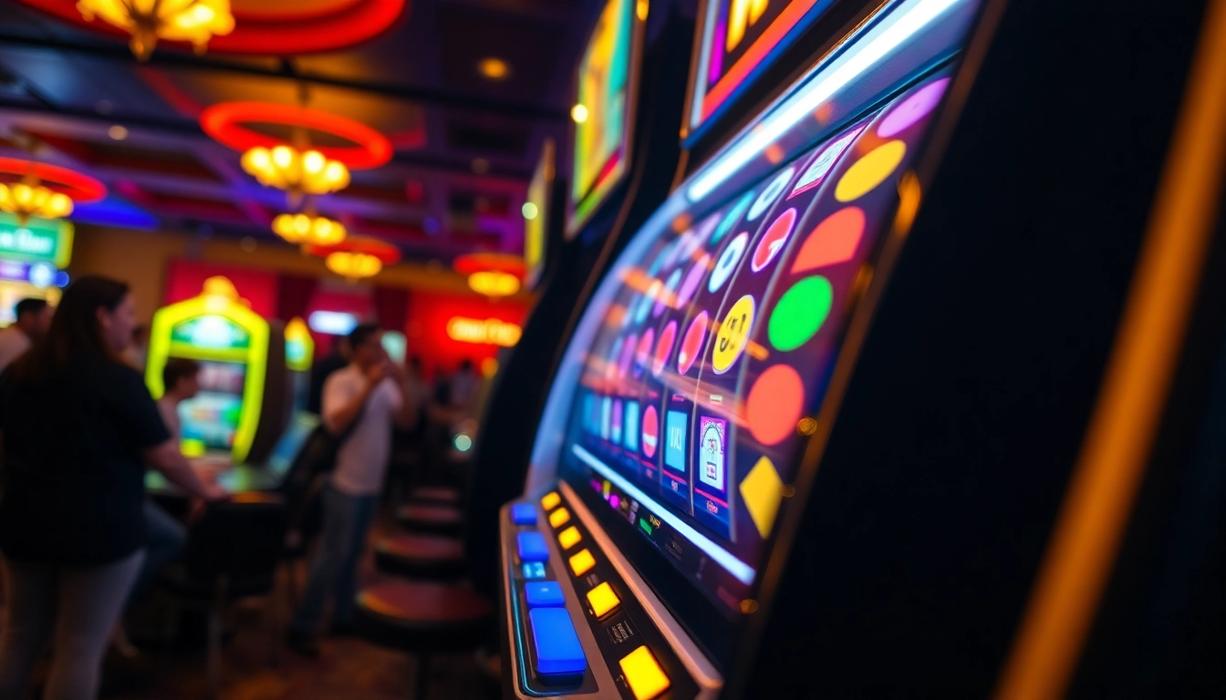 Win free spins at the slot machine with exciting colorful reels and joyful casino atmosphere.