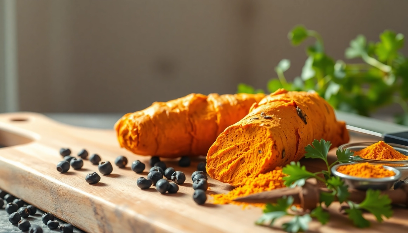 Turmeric Root displayed beautifully with spices on a wooden cutting board.