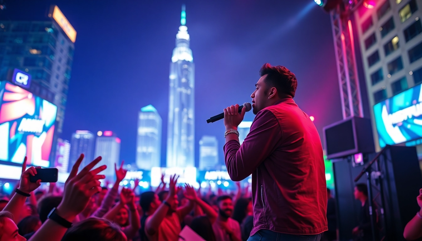 Independent Artist captivating the audience with a live performance in a vibrant urban setting.