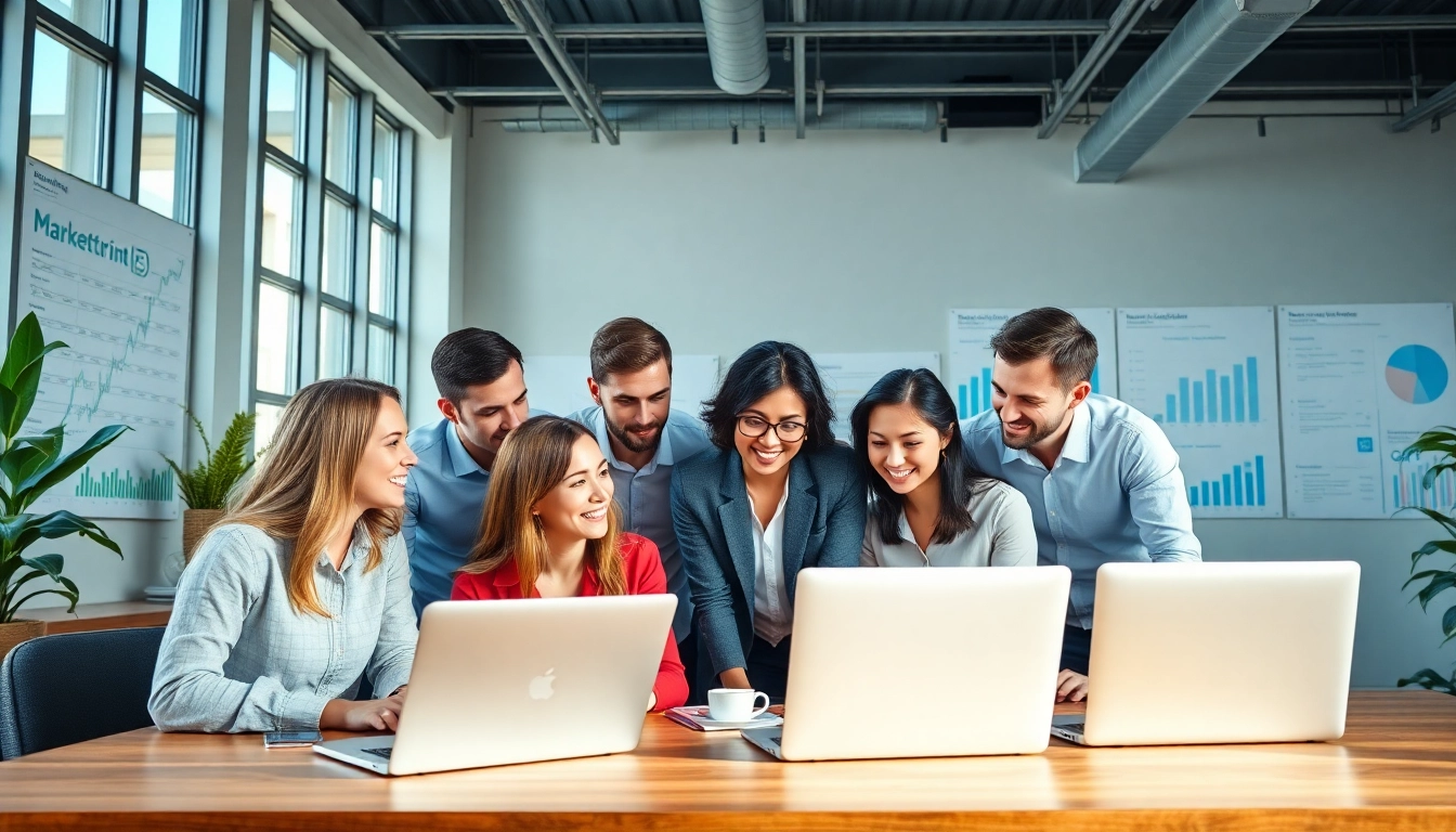 Marketing team brainstorming trade marketing strategies in a bright, modern office.