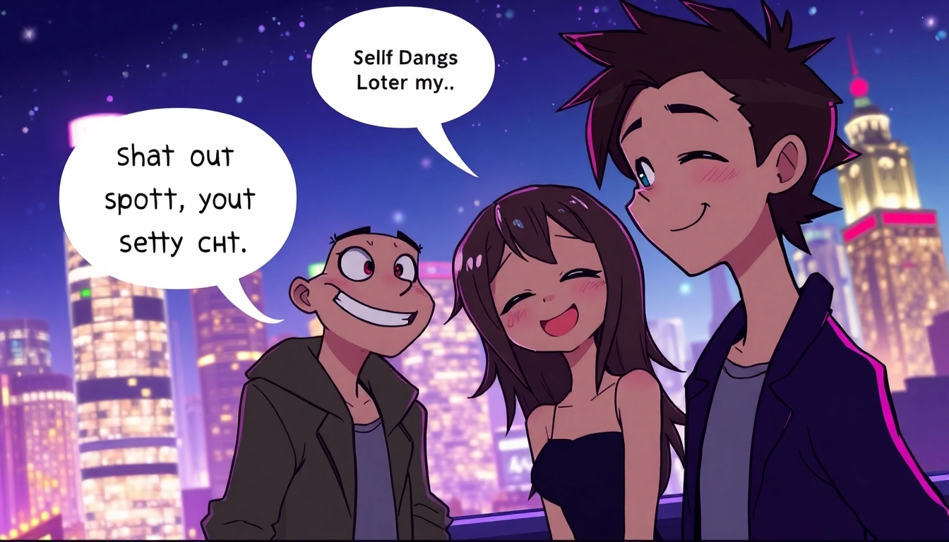 Characters engaging in a playful dirty chat against a vibrant night city backdrop.