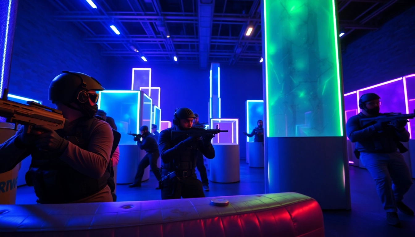 Players engage in thrilling laser tag action in a vibrant, illuminated arena filled with strategic obstacles.