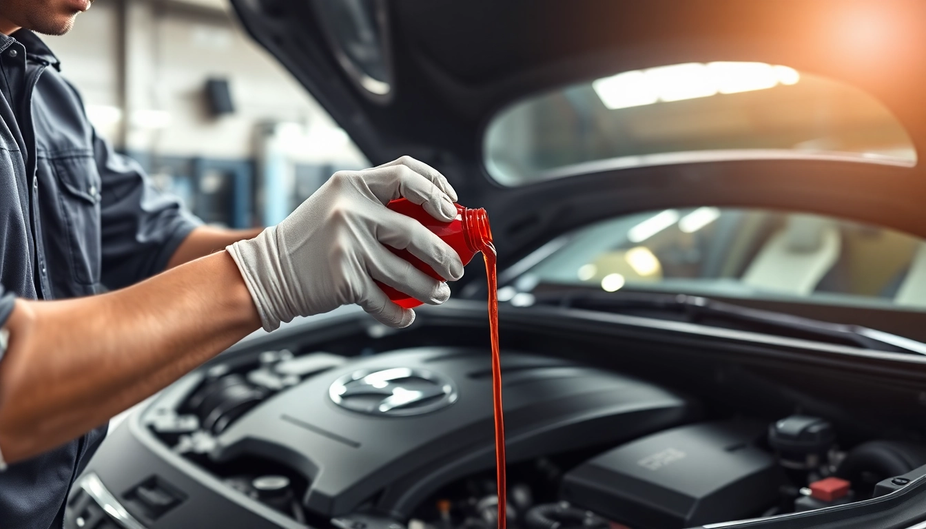 Mechanic pouring transmission fluid hyundai into an engine, showcasing professionalism and care.