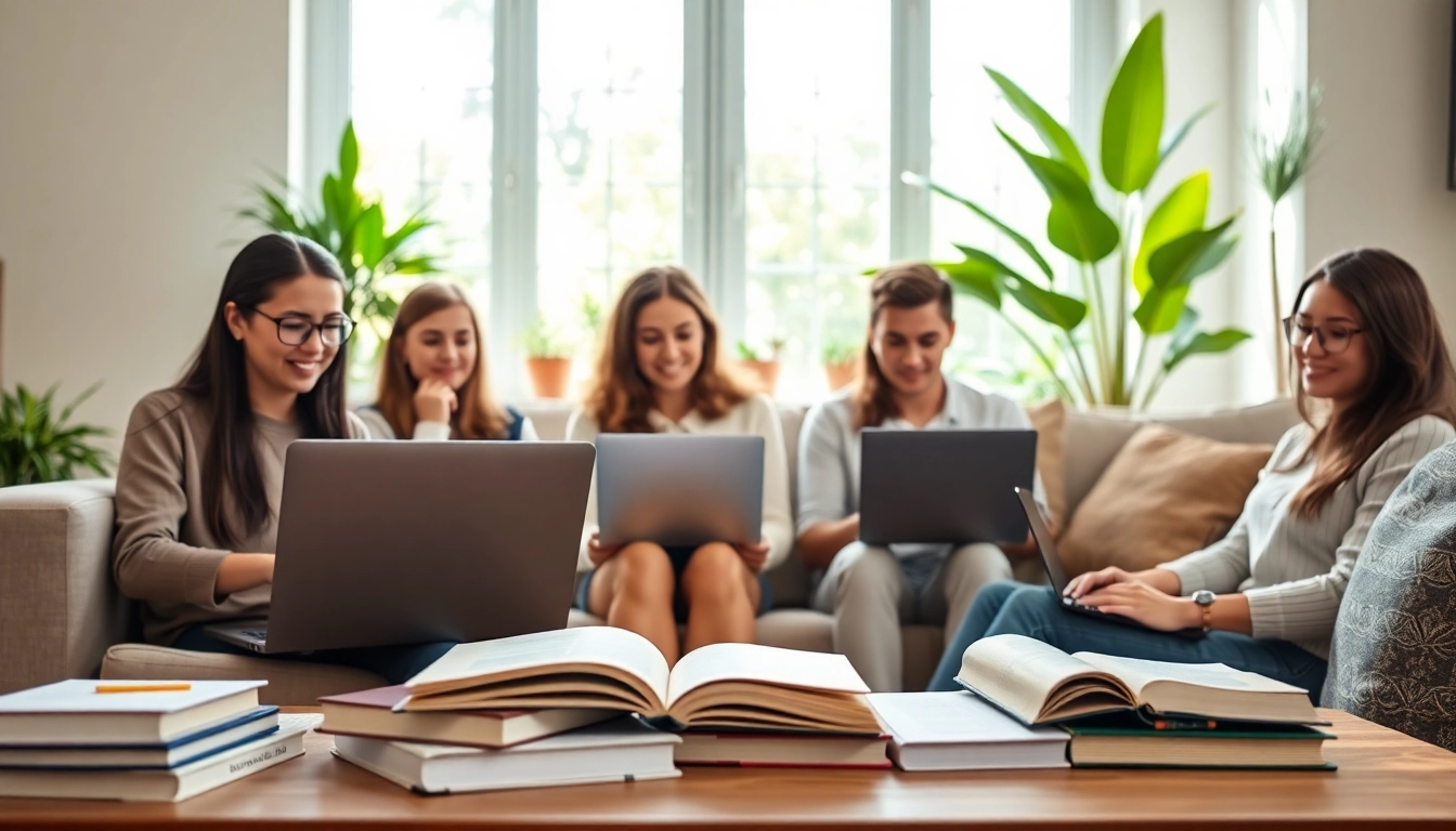 Engaged students pursuing online university degrees from UK in a bright home setting.