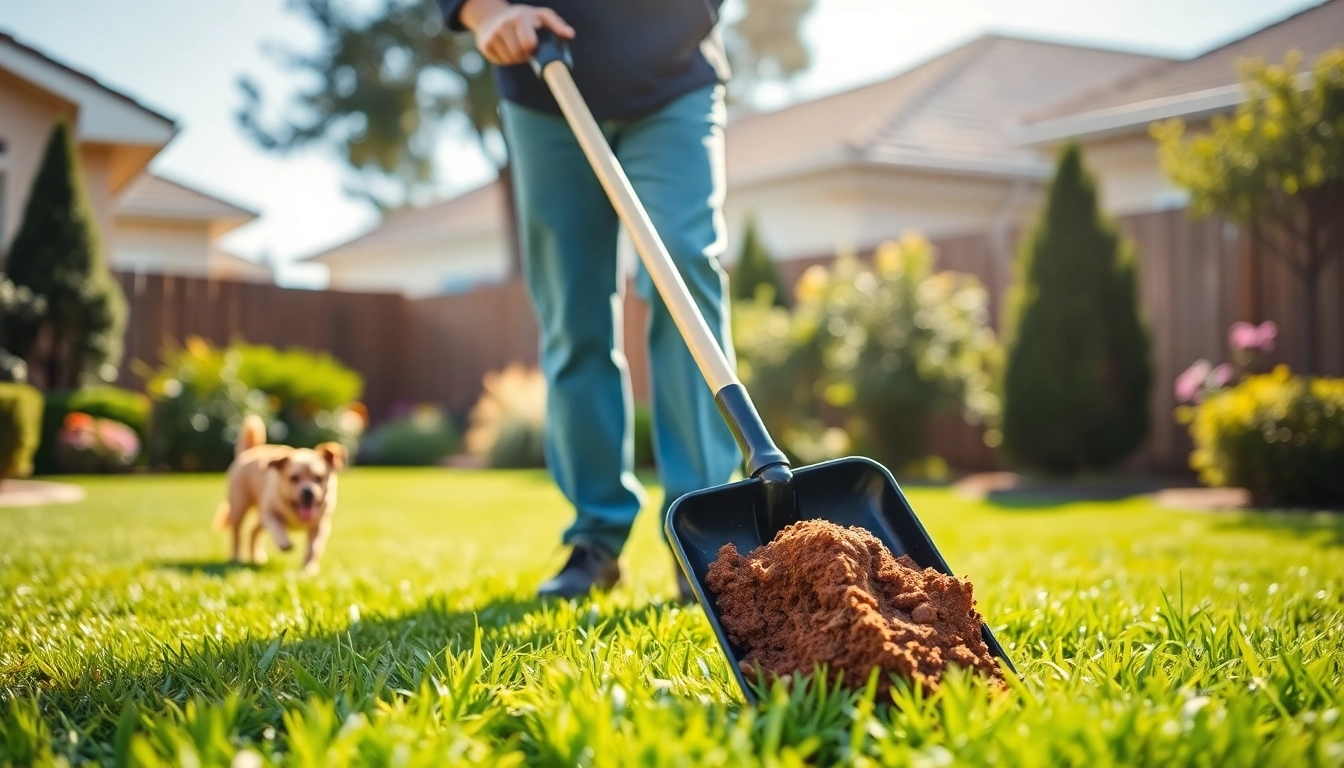 Dog poop cleanup service in action, showcasing a professional scooping pet waste in a clean backyard.