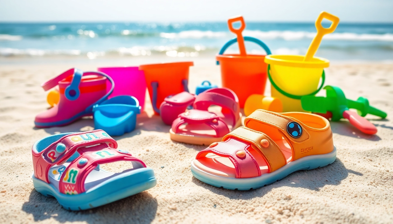 Kindersandalen in bunten Farben auf einem sonnigen Strand arrangiert, ideal für Sommeraktivitäten.