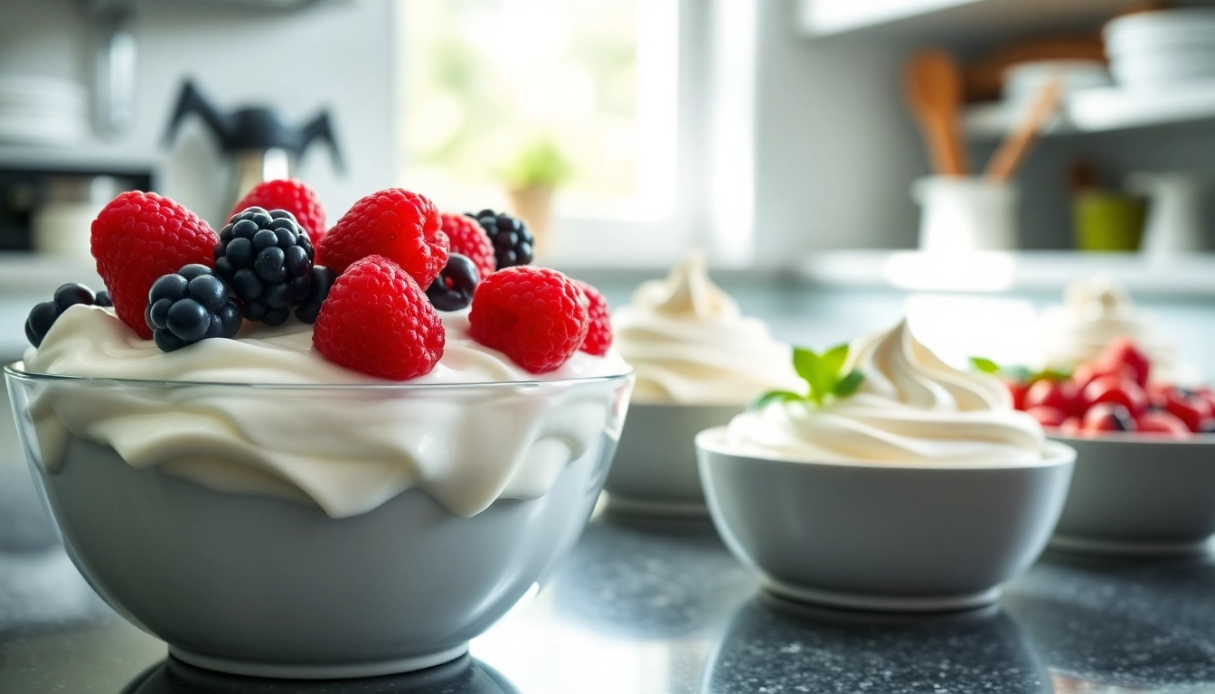 Explore cool whip alternatives featuring creamy substitutes in a vibrant kitchen setting.