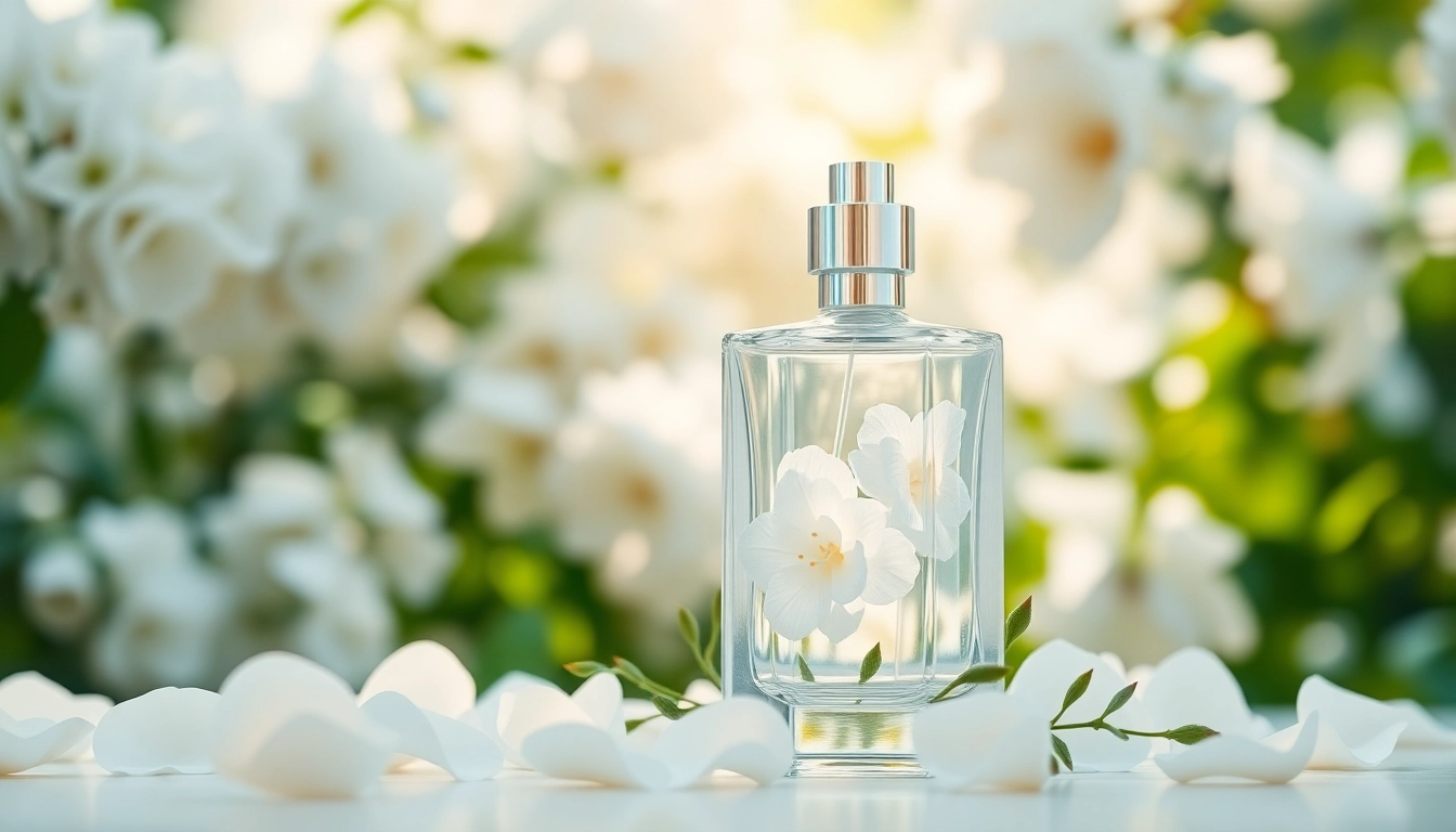 Parfum de White musk dans une élégante bouteille entourée de fleurs blanches.
