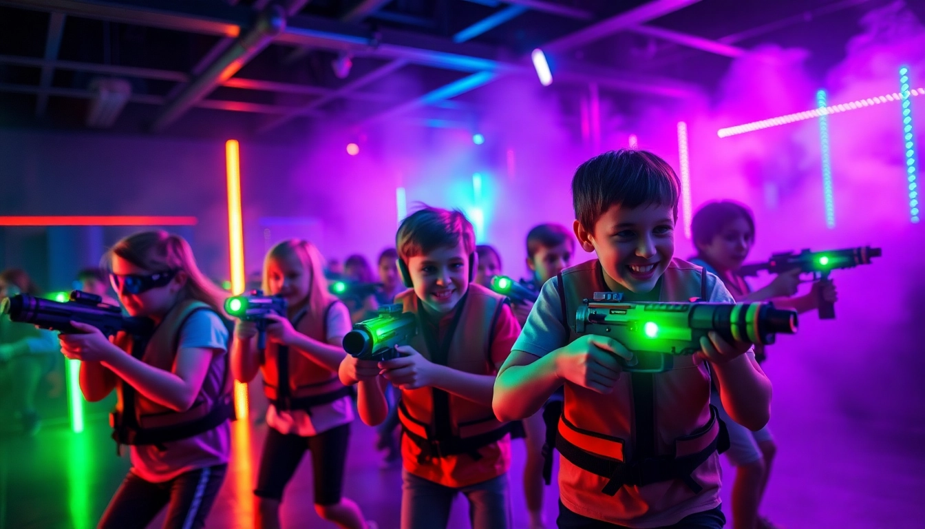Kids engaging in a thrilling laser tag game inside a vibrant arena with neon lights.