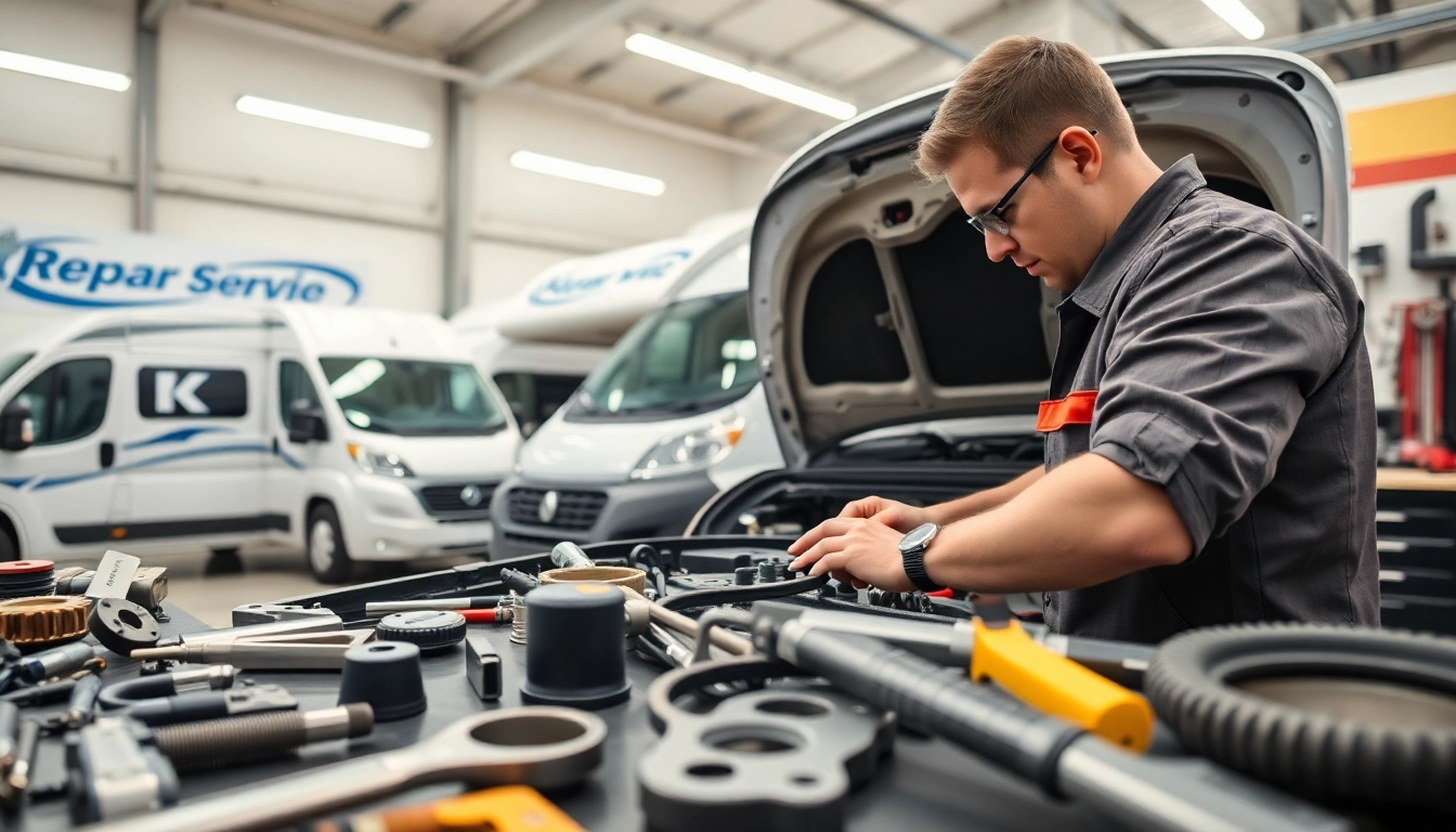 Provide expert Camper Van Repair Services with a skilled mechanic working under bright, organized conditions.