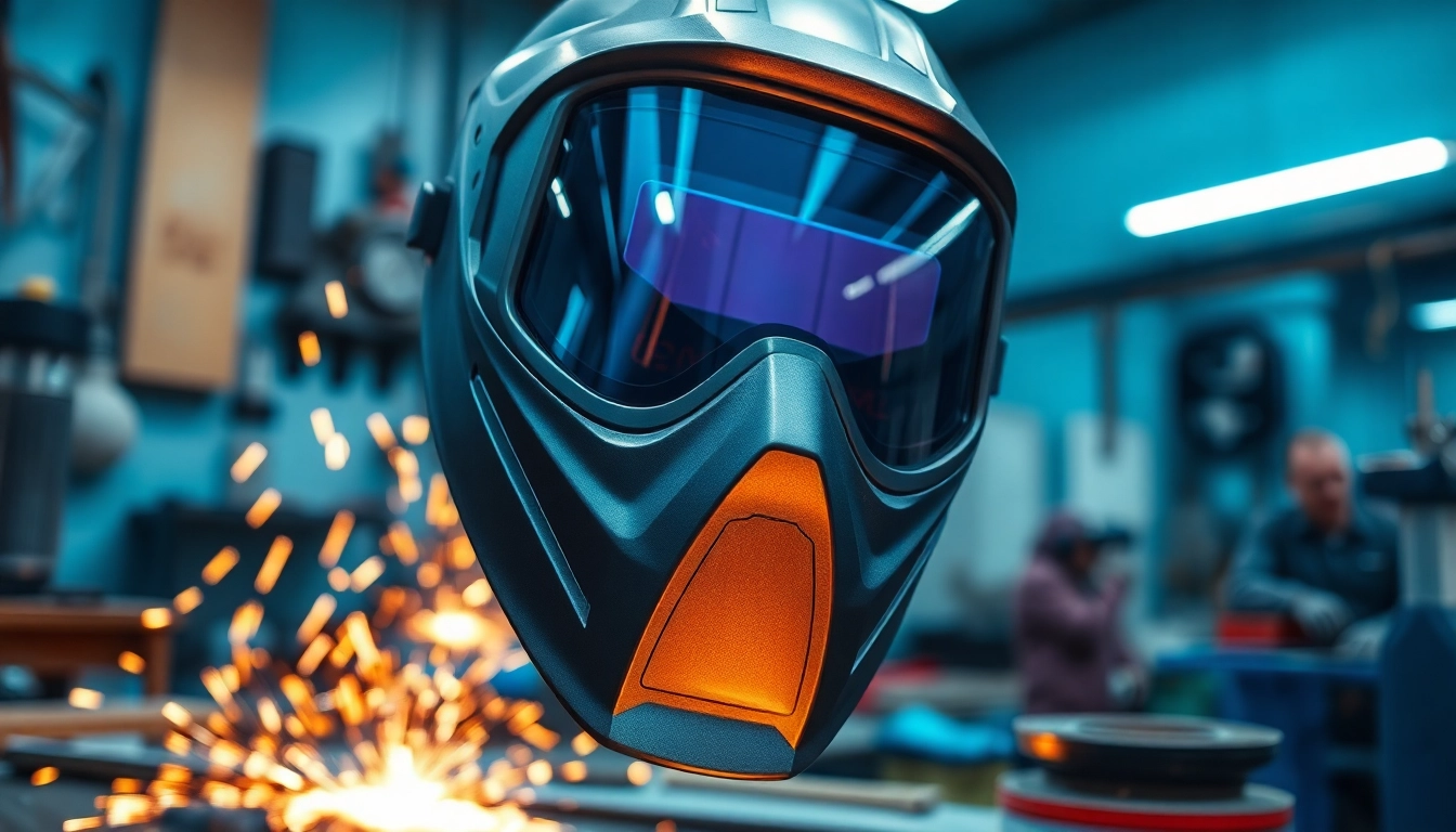 Craft a powerful welding mask showcasing advanced features in a bright workshop.