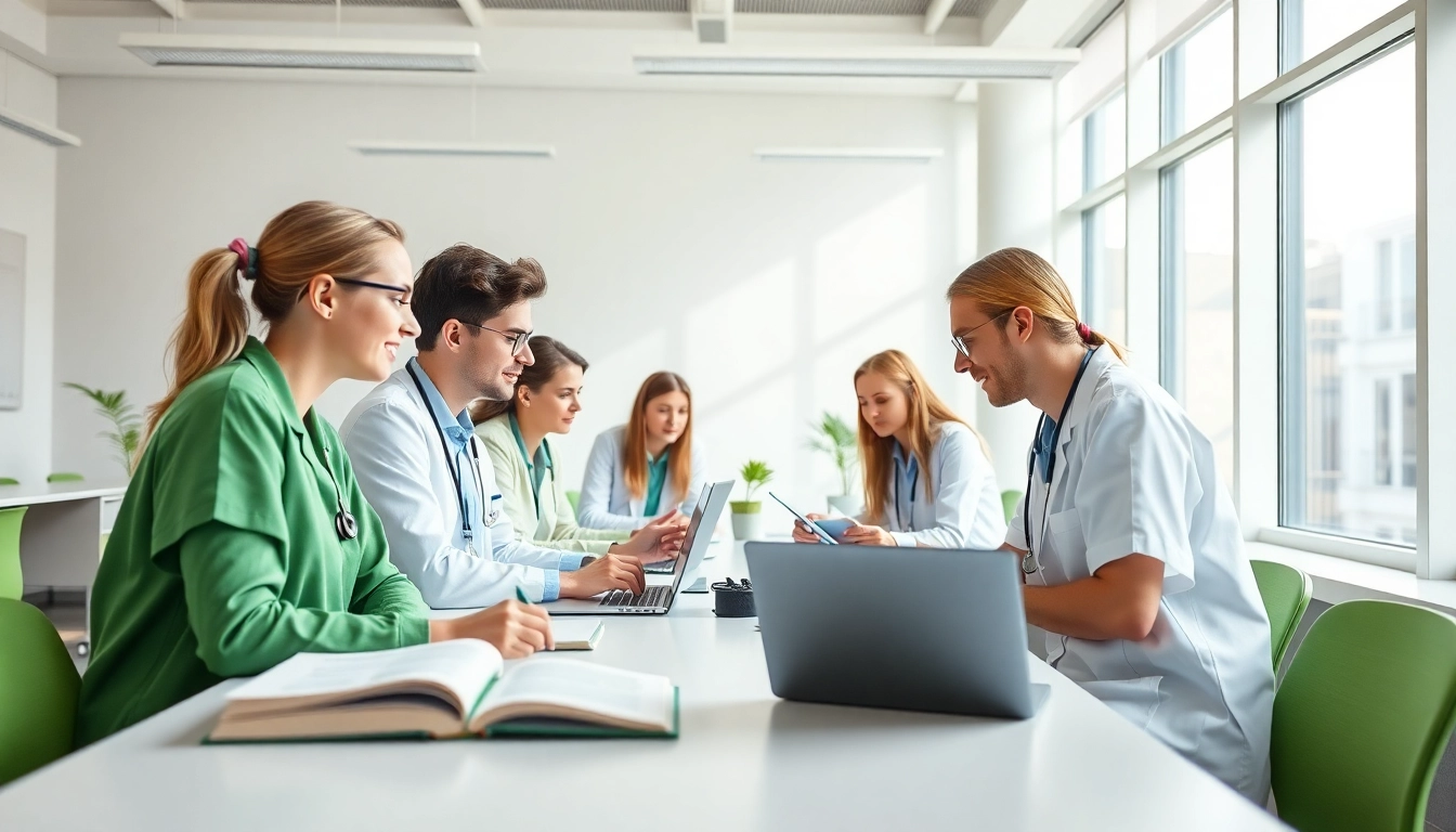 Studierende beim Lernen für ihr Medizinstudium ohne Test in einer modernen Klassenzimmerumgebung