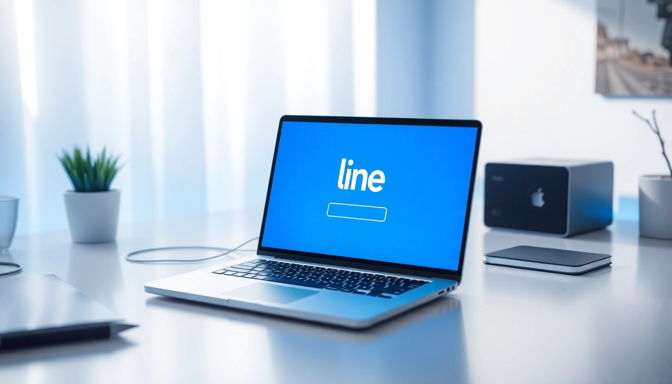 Download the line電腦版官方下載 software on a sleek laptop at a modern digital workspace.