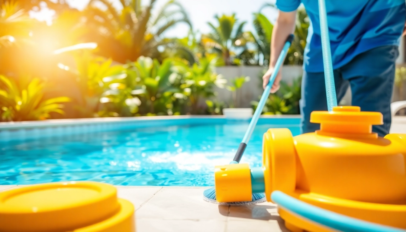 Promoting swimming pool service in Pinellas County with a technician cleaning a sparkling blue pool.