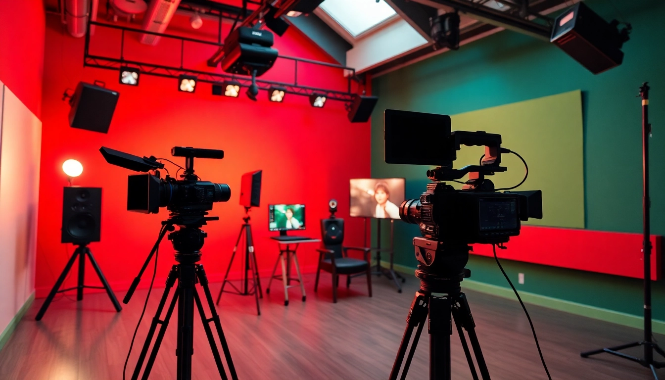 Engaging scene showcasing 홍보영상제작 studio equipment and vibrant workspace for creative video production.
