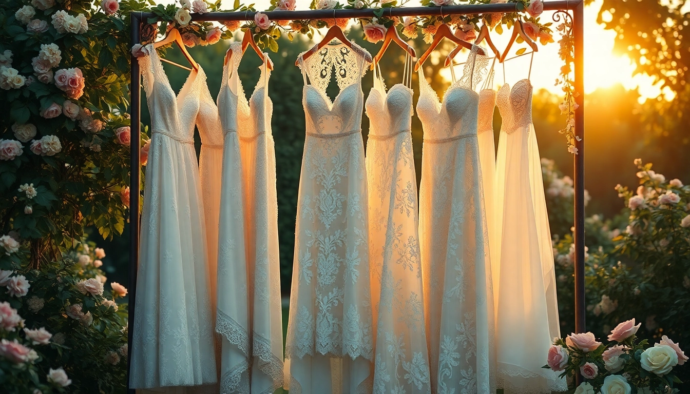 Lace wedding dresses in an enchanting garden, showcasing delicate designs and warm golden hour lighting.