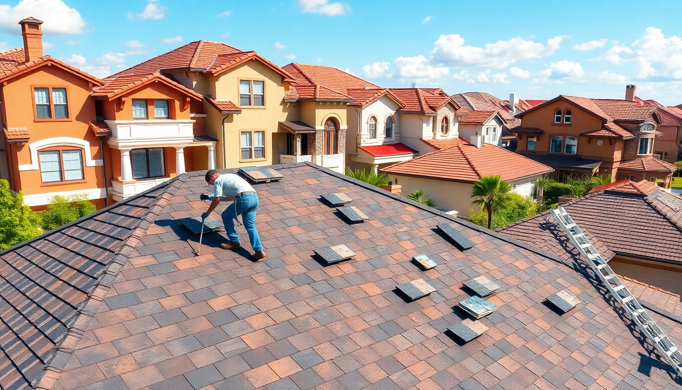 View of asphalt shingle roofing Texas installation showing professionals at work.