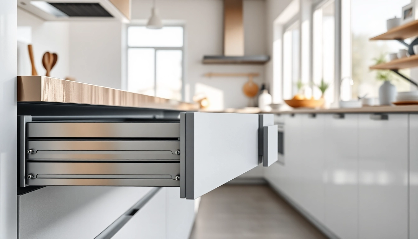 Showcase of a modern Metal Drawer System in an airy kitchen, highlighting its sleek design and functionality.