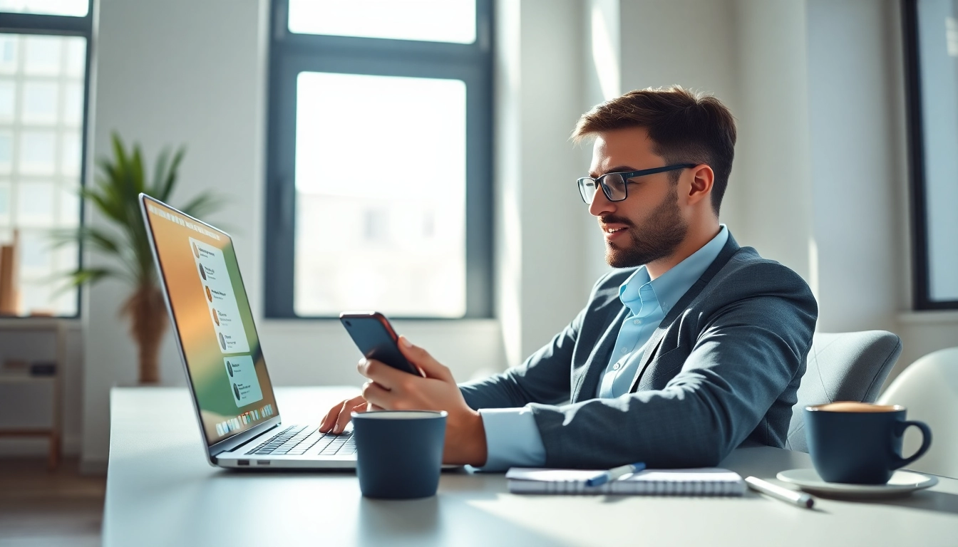 Engaged user accessing smspva services on a laptop in a bright office.