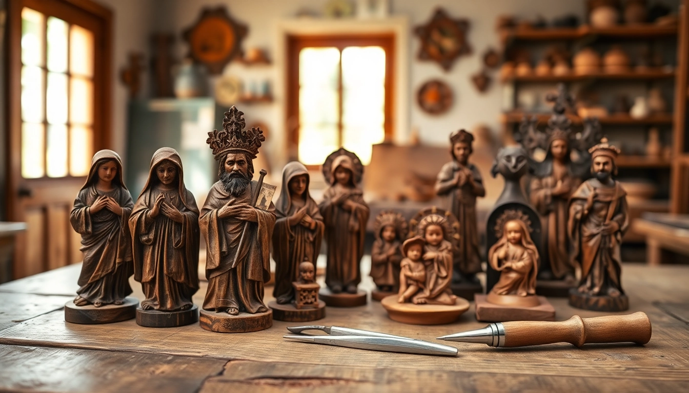 Showcasing Olive wood carvings with intricate details in a warm artisan workshop setting.