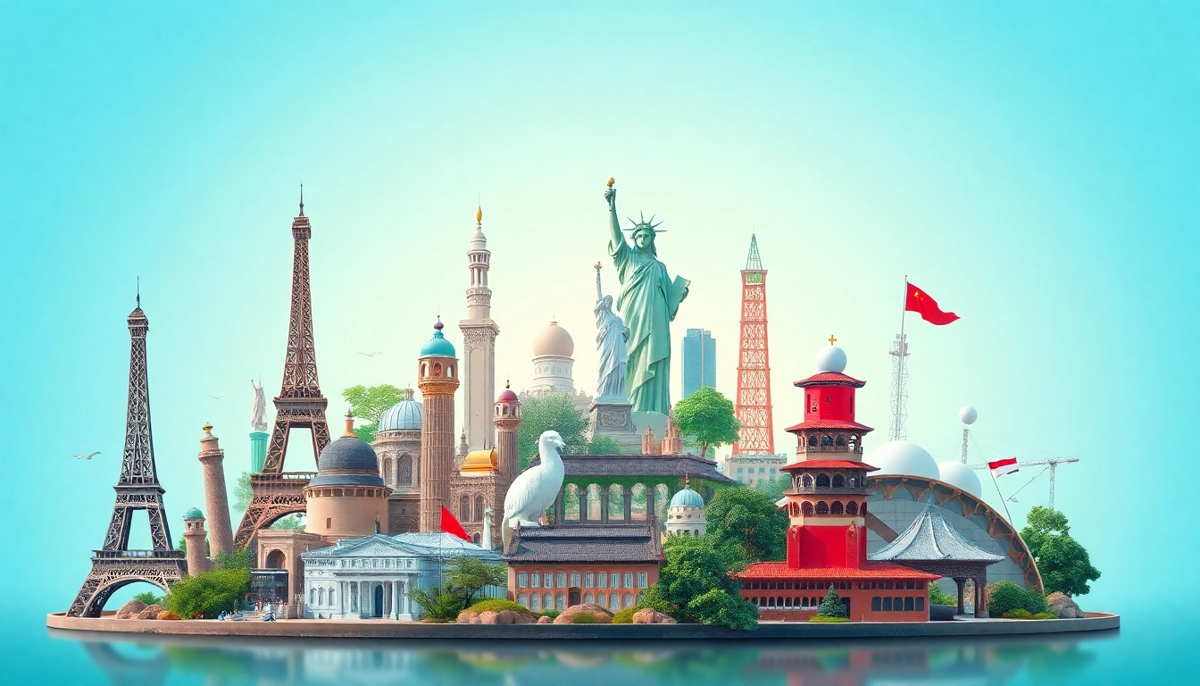 Explore prominent global locations, like the Eiffel Tower and Statue of Liberty, symbolizing diversity.