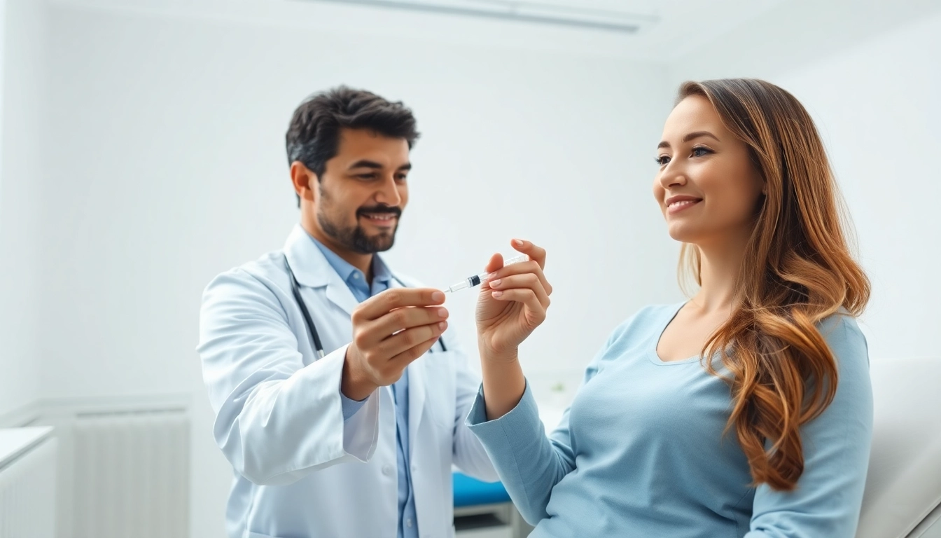 Administering Injectable Weight Loss treatment in a modern clinic setting with a confident healthcare provider.