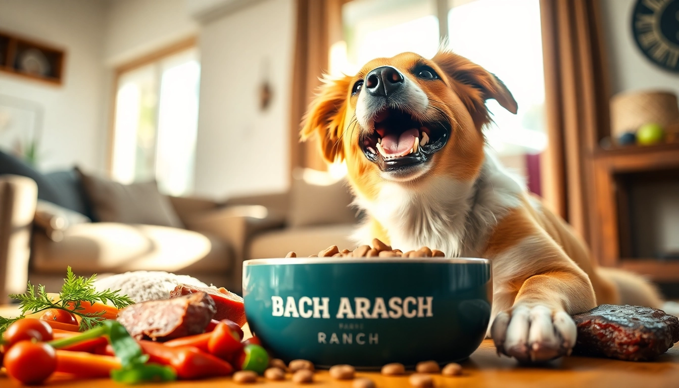 A happy dog enjoying badlands ranch dog food in a cozy home, surrounded by fresh ingredients.