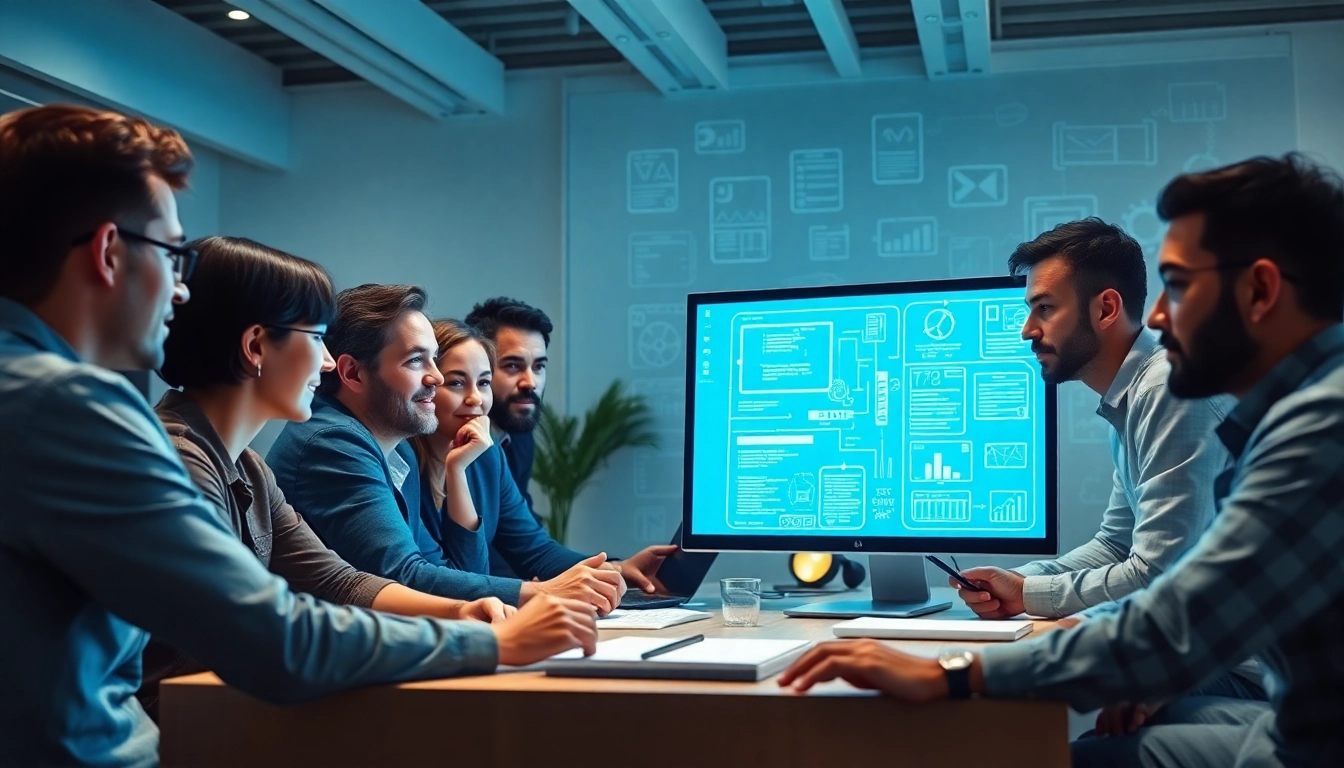 Team collaborating in web development, showcasing innovative digital solutions on screen.