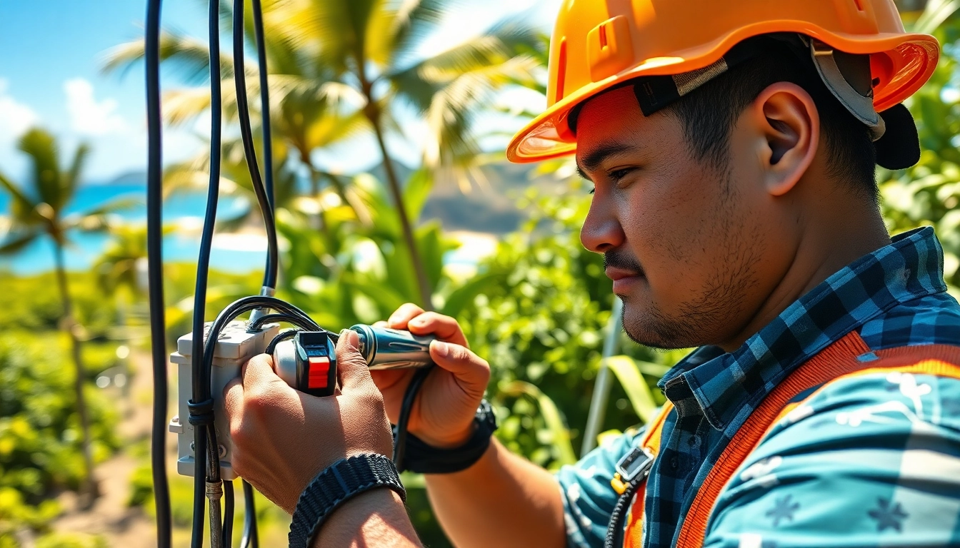 Electrician apprenticeship Hawaii: A dedicated apprentice wiring in a beautiful Hawaiian environment.