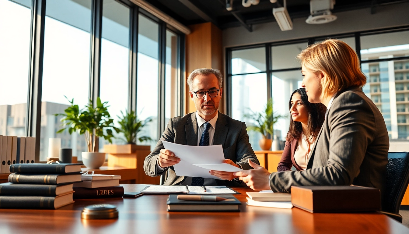 Eminent domain lawyer consulting clients in a professional modern office setting.