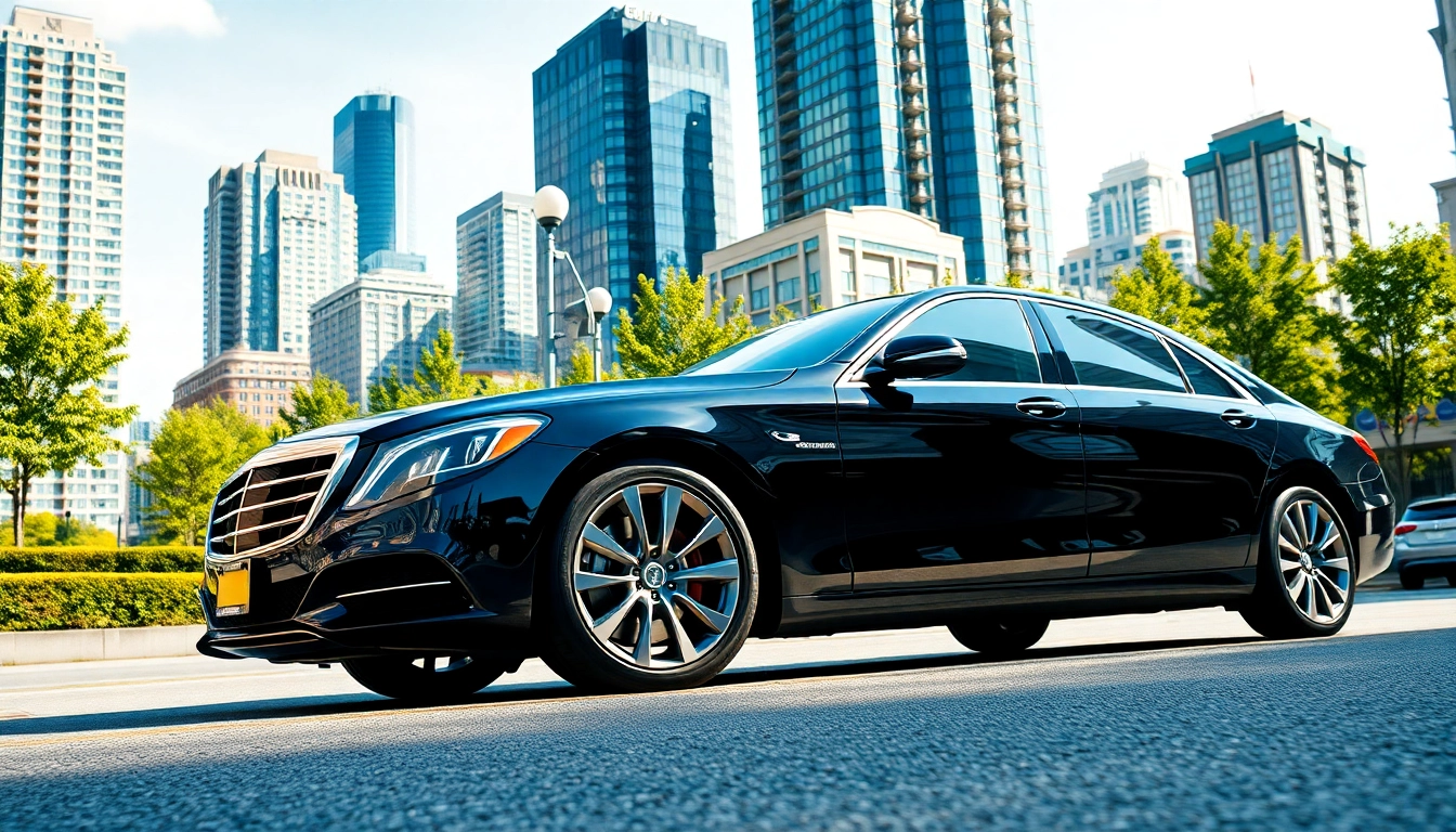 Experience luxury car service Vancouver with a sleek black sedan against a vibrant city backdrop.