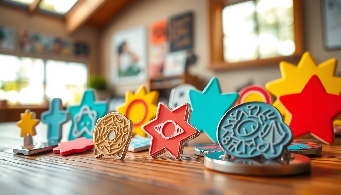 Showcase vibrant custom acrylic pins designed in unique shapes and colors on a wooden table.
