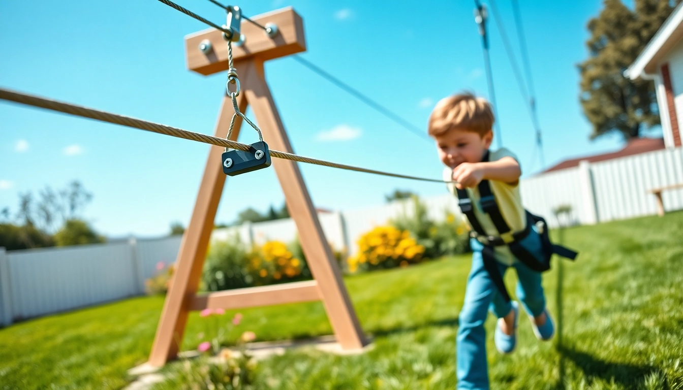 Engaging scene of a GARDEN ZIP WIRE KIT in use, featuring a child ready to zip across a backyard.