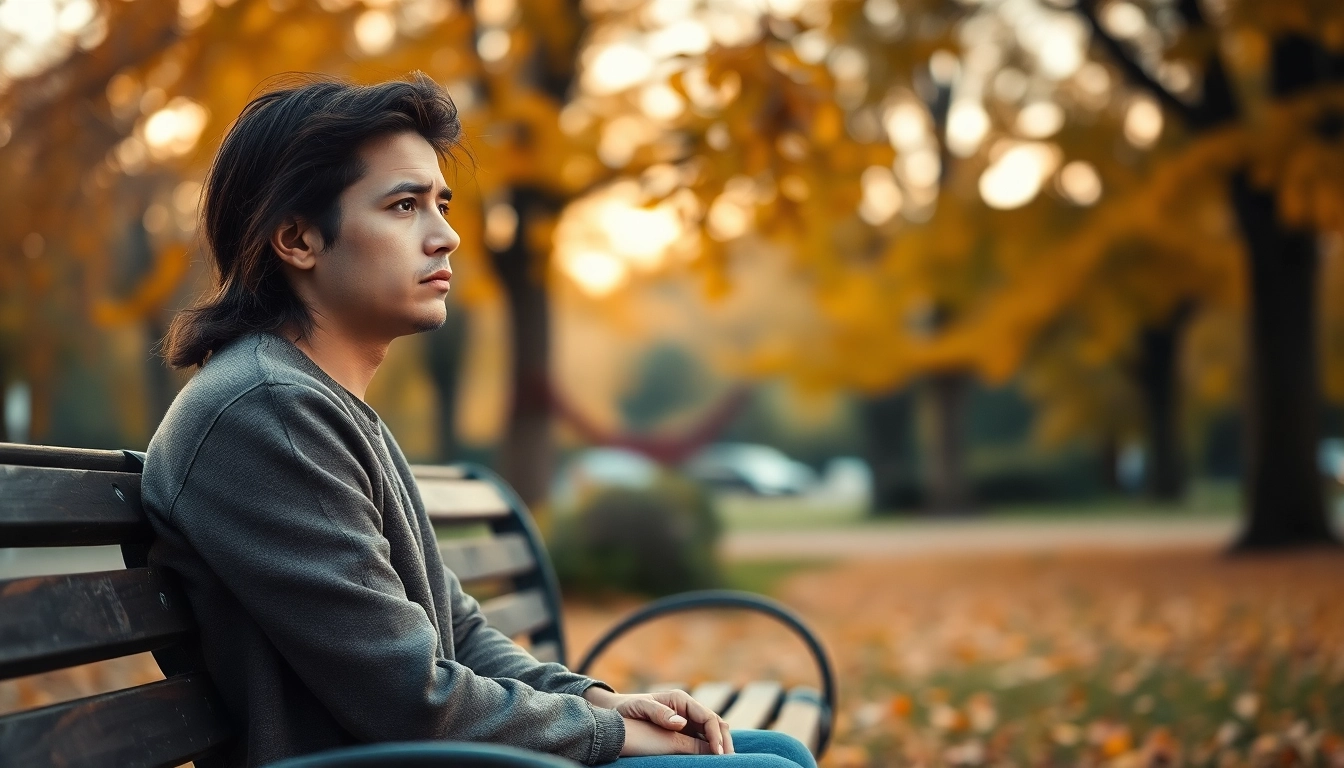 A person reflecting on their feelings about a relationship breakup in a serene park setting.