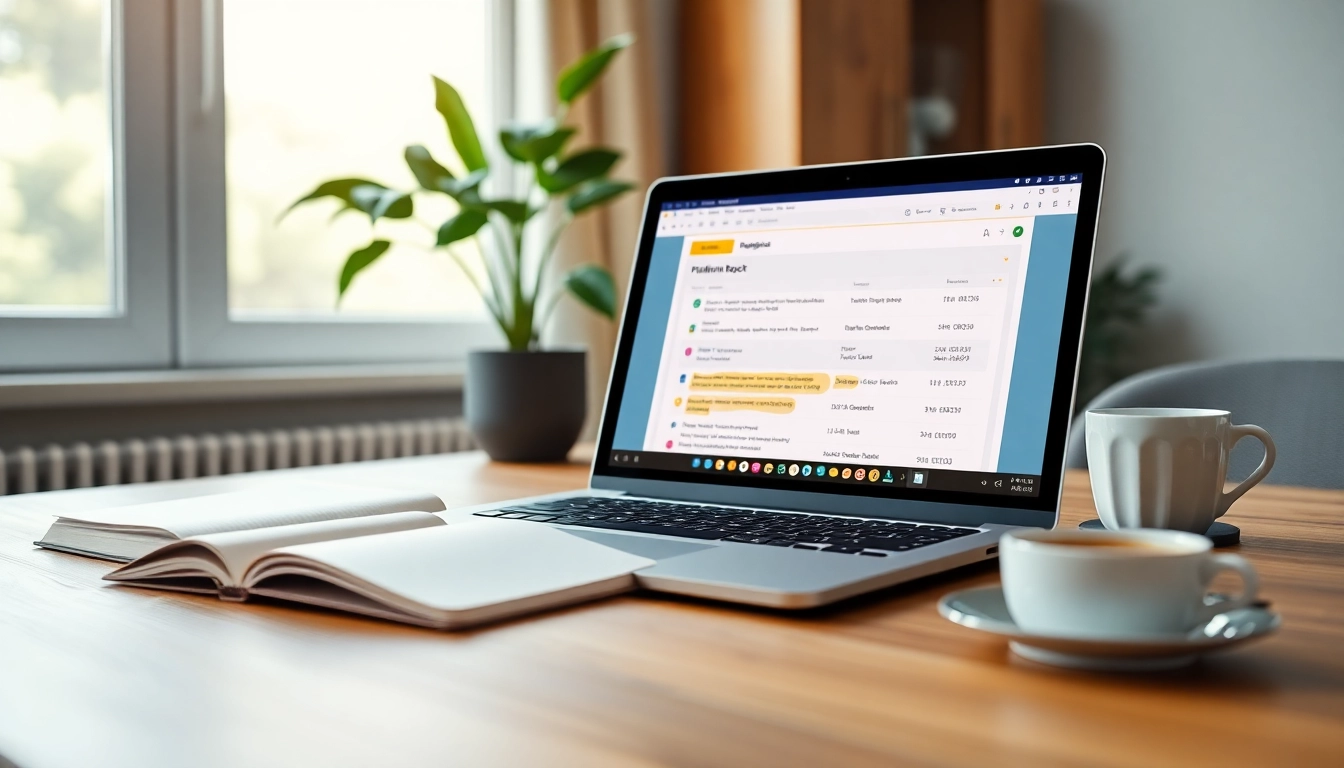 Using a plagiarism checker tool showcased on a laptop screen in a modern office environment.