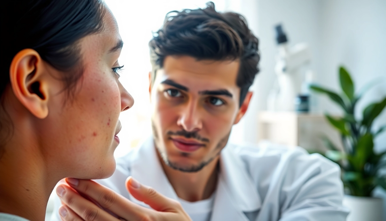 Dermatologist assessing a patient’s acne treatment in a professional and caring environment.