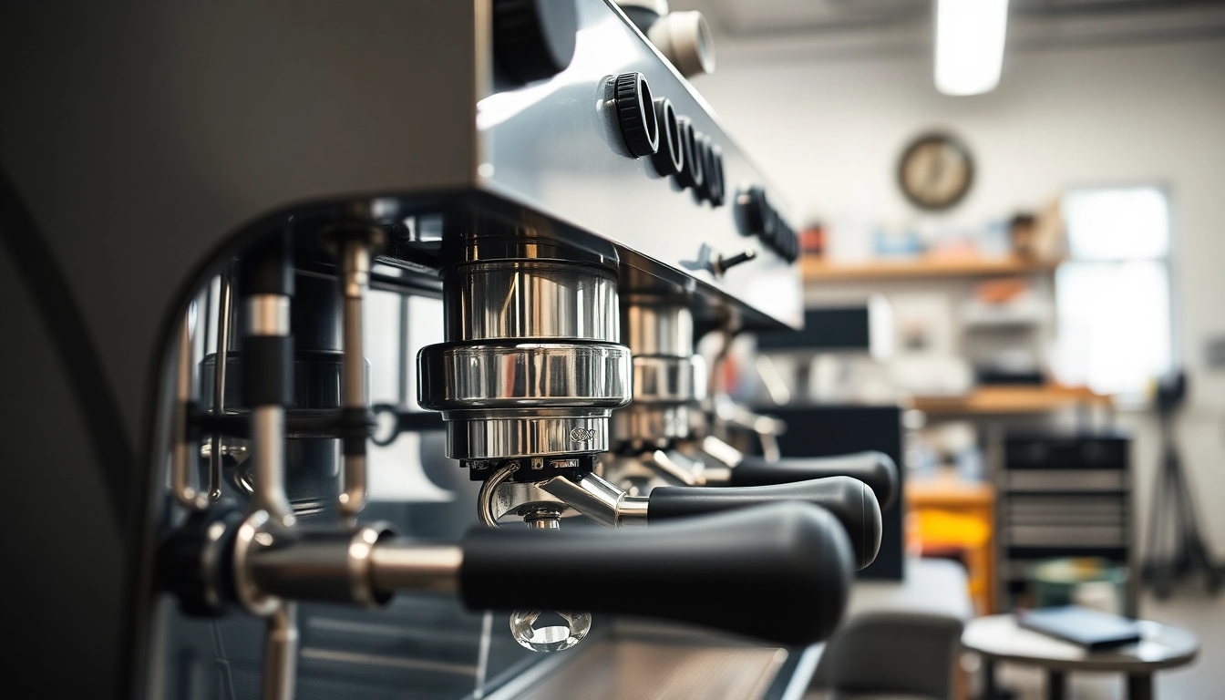 Expert technicians performing Cimbali teknik servis on industrial espresso machines in a bright workshop.