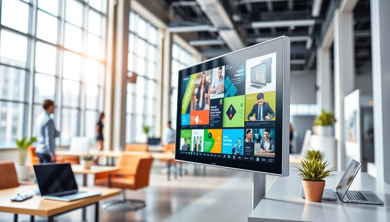 Showcase of a cloud-based digital signage solution displayed in a modern office setting.