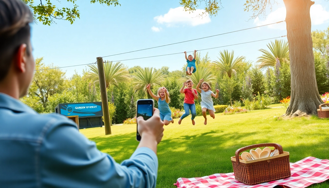 Family securely enjoying the GARDEN ZIP WIRE KIT in a bright, vibrant backyard.