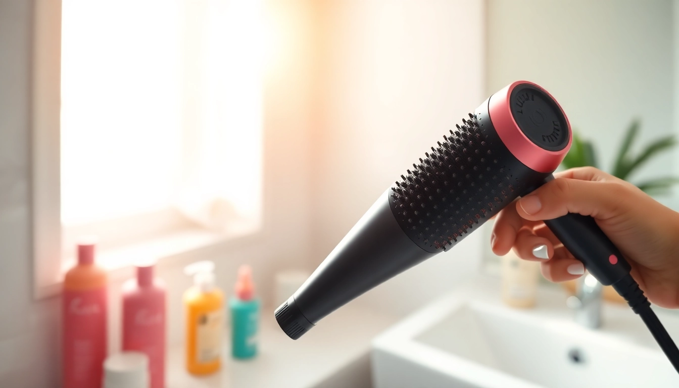 Styling with a Blow Dryer Brush against a soft-lit bathroom backdrop.