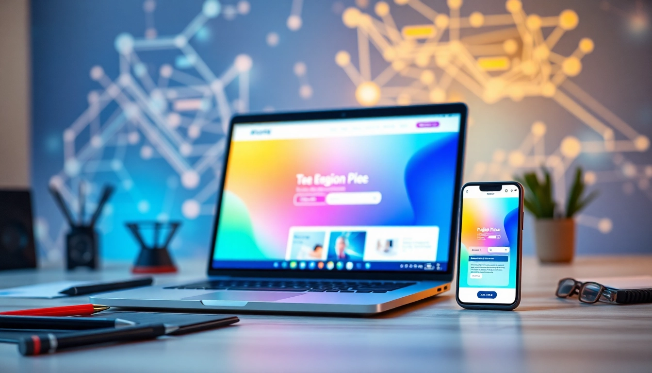 Showcase website design process with a designer's workspace featuring interactive elements.
