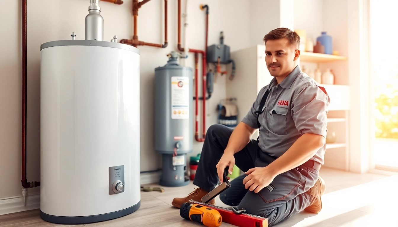 Plumber performing water heater installation in Raleigh home, showcasing professionalism and reliability.