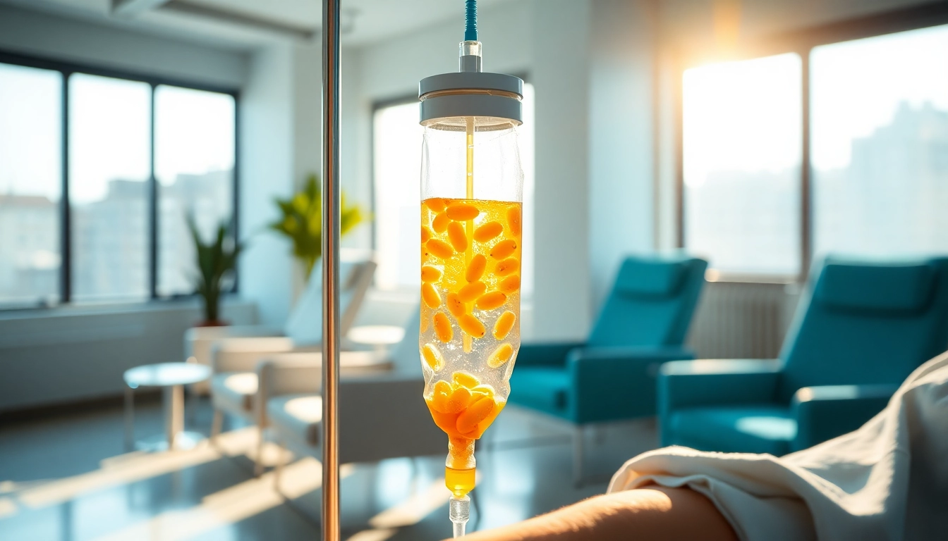 IV Therapy being administered from a modern setup showcasing vibrant fluids and a calming atmosphere.