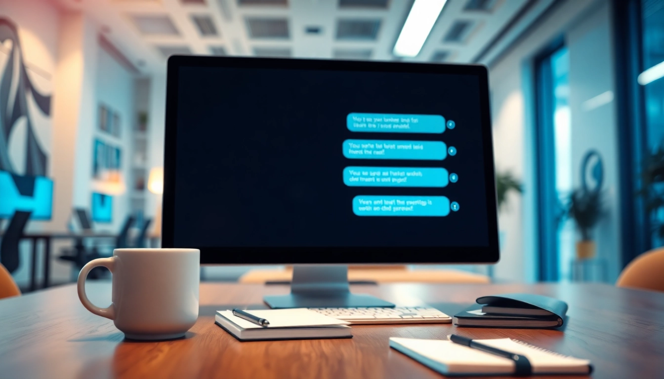 Engaging AI chat bot conversation on a sleek computer screen in a modern office.