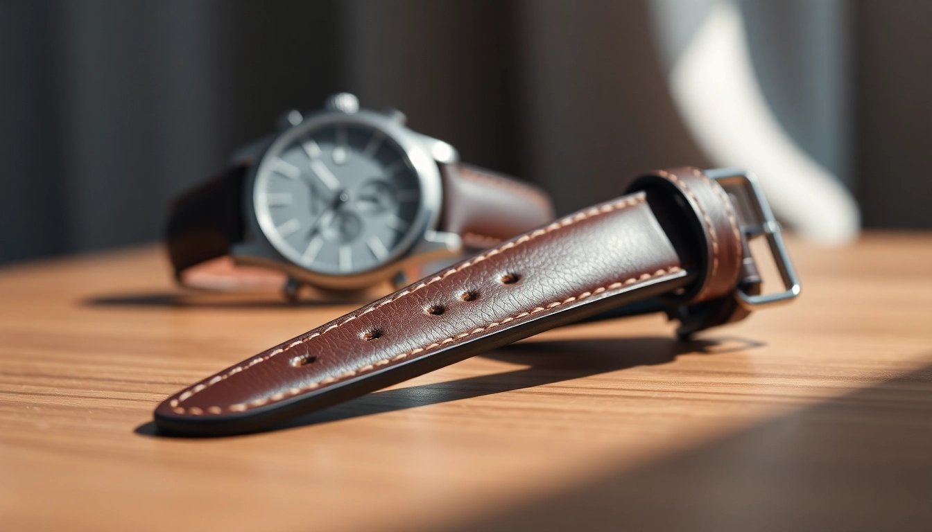 Showcasing a 20mm leather watch strap with detailed stitching on a wooden surface.