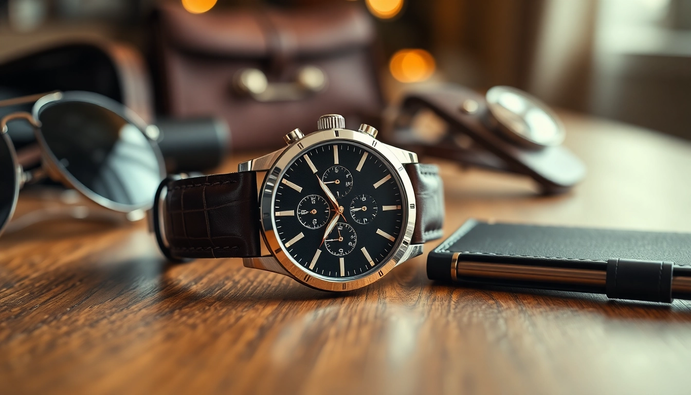 Herren Armbanduhr, detail-focused shot on a stylish wooden table with luxury accessories.