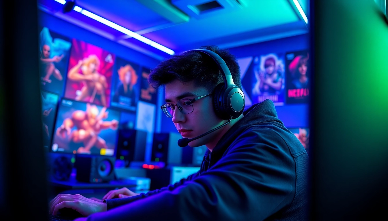 Game online yang menarik dengan gamer fokus di depan layar komputer.